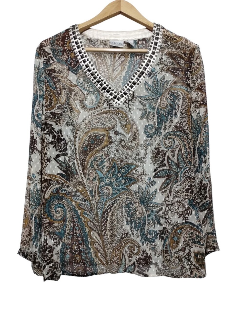 Chico's Paisley V-Neck Silk Blouse Studded Trim Womens Semi Sheer L Boho Western